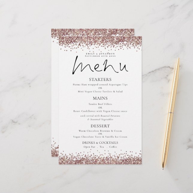 Menú Boda de guión de Rosa de oro Purpurina de pre (Anverso/Reverso In Situ)