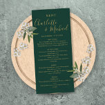 Menú Boda De Guión Elegante De Estilo Verde Esmera<br><div class="desc">Elegante carta de boda de color verde esmeralda y dorado con nombres de estilo,  esta moderna carta de menú puede ser personalizada con su información en letras de oro de moda. Diseñado por Thisisnotme©</div>