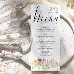 Menú Boda de guión elegante de Wildflower Meadow<br><div class="desc">Carta de menú boda de flores silvestres con delicadas flores silvestres y hermosa caligrafía. El diseño de esta flor de acuarela de bonito está adornado con flores de prado finas de naranja lila rosa y amarillo. Perfecto para los temas primaverales y veraniegos, desde el jardín floral campestre hasta el boho...</div>