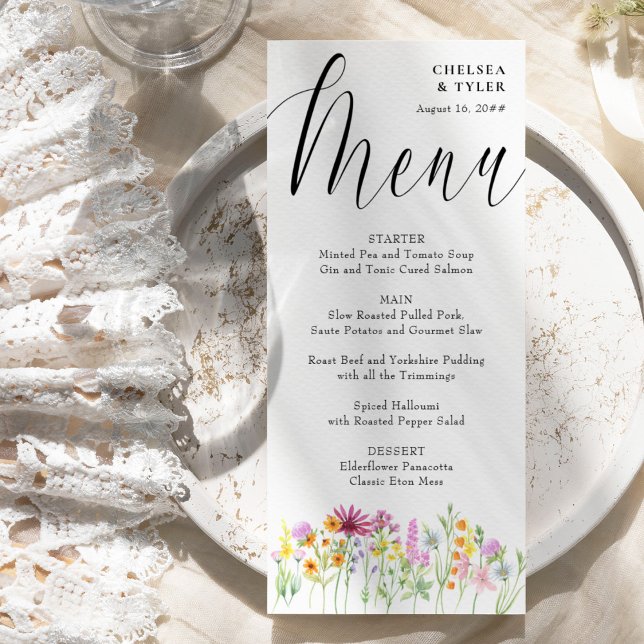 Menú Boda de guión elegante de Wildflower Meadow (Floral wedding menu with elegant calligraphy)