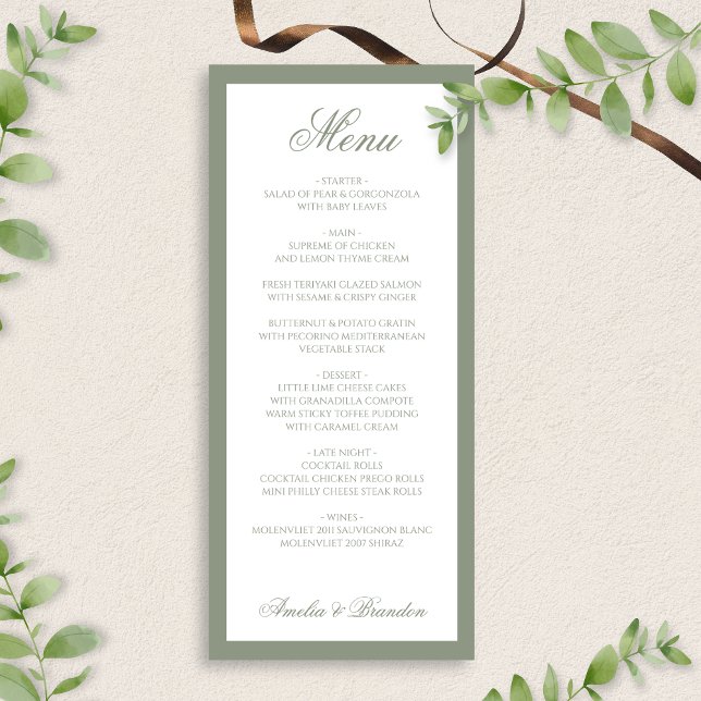 Menú Boda de guión elegante formal del borde verde sabi (Subido por el creador)