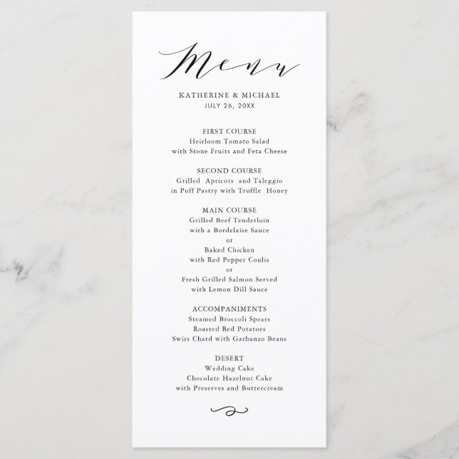 Menú Boda de guión negro Minimalista (Anverso)
