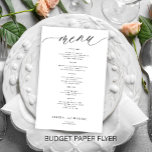 Menú boda de guión negro y romántico de presupuest<br><div class="desc">Simple personalizado de escritura de caligrafía negra minimalista de moda blanca planilla de texto barato boda de PRESUPUESTO folleto de papel de menú. LEA ESTO ANTES DE COMPRAR! Se trata de un programa económico impreso en un PAPER FLYER (tipo de papel publicitario). POR FAVOR, OBSERVE que los colores del fondo...</div>