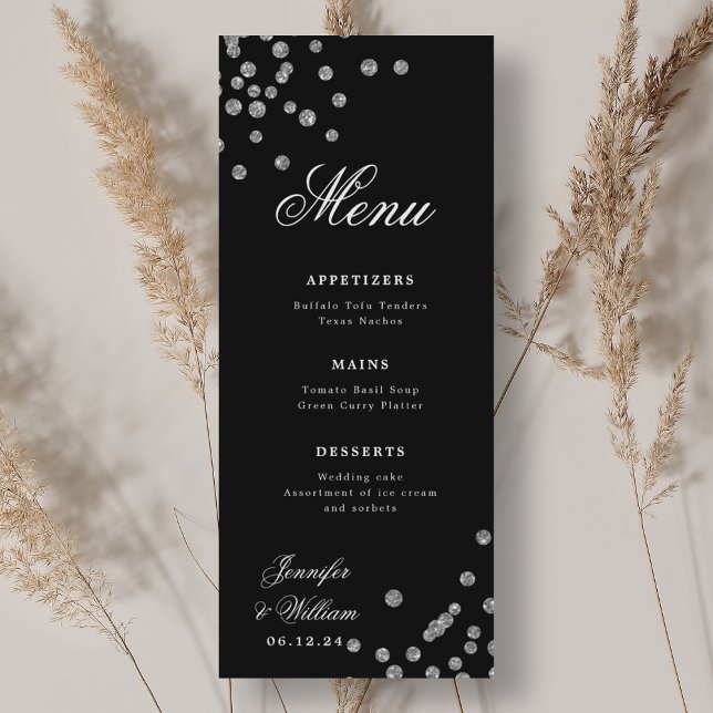 Menú Boda de guión romántico Confetti Plata Negro (Romantic Script Wedding Confetti Silver Black Menu)