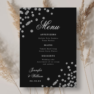 Menú Boda de guión romántico Confetti Plata Negro