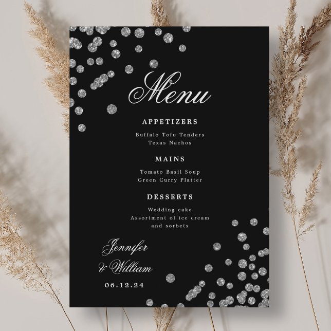 Menú Boda de guión romántico Confetti Plata Negro (Romantic Script Wedding Confetti Silver Black Menu)