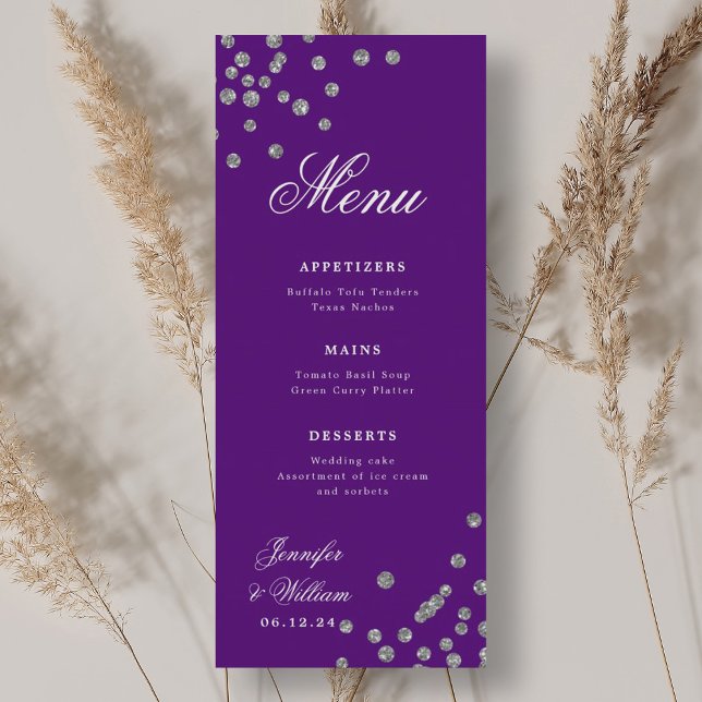 Menú Boda de guión romántico Confetti Plata Púrpura (Romantic Script Wedding Confetti Silver Purple Menu)