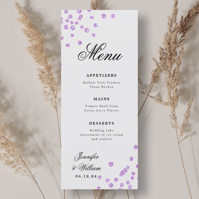 Menú Boda de guión romántico Confetti Purple (Romantic Script Wedding Confetti Purple Menu)