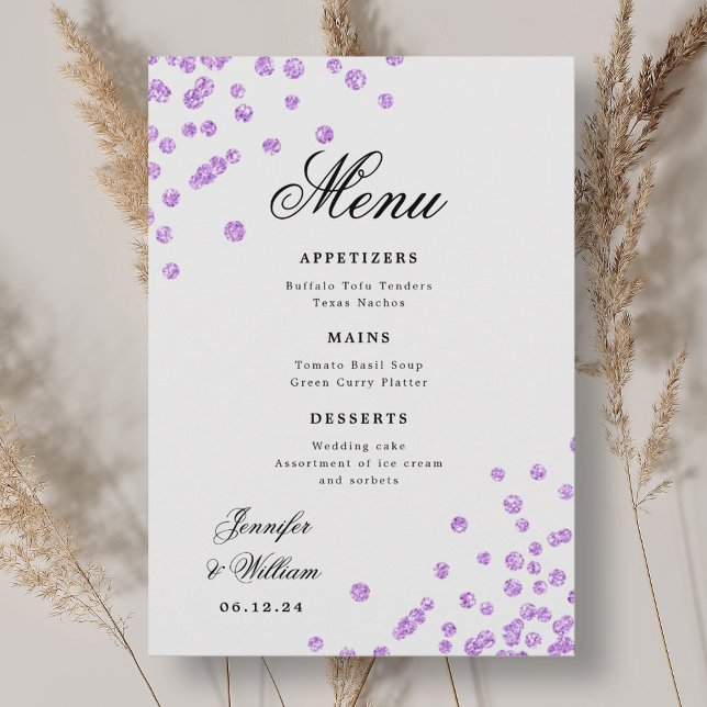 Menú Boda de guión romántico Confetti Purple (Romantic Script Wedding Confetti Purple Menu)