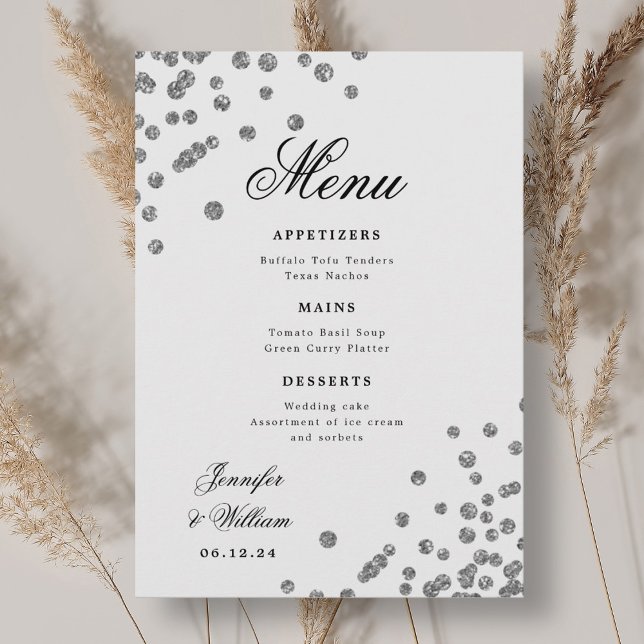 Menú Boda de guión romántico Confetti Silver (Romantic Script Wedding Confetti Silver Menu)