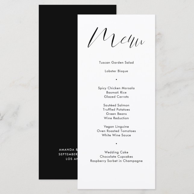 Menú Boda de guiones de caligrafía negra Delicada (Anverso / Reverso)