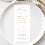 Menú Boda de guiones dorados modernos<br><div class="desc">Eleva la recepción de tu boda con nuestro delicioso menú boda, con un elegante guión dorado escrito a mano sobre un fondo blanco y limpio. Perfecto para las parejas que buscan un aspecto sencillo pero sofisticado, este diseño moderno le permite personalizar con sus nombres, fechas bodas y ofertas de menú....</div>