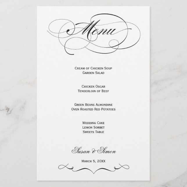 Menú Boda de guiones elegantes - Negro (Anverso)