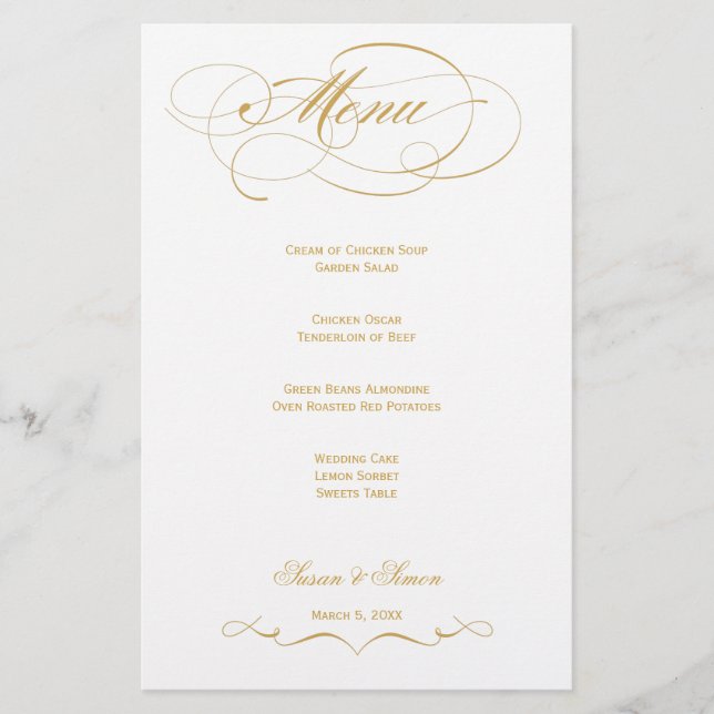 Menú Boda de guiones elegantes - Oro (Anverso)