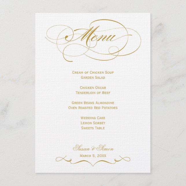 Menú Boda de guiones elegantes - Oro (Anverso)