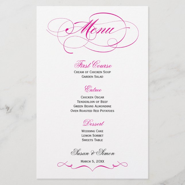 Menú Boda de guiones elegantes - rosa brillante (Anverso)