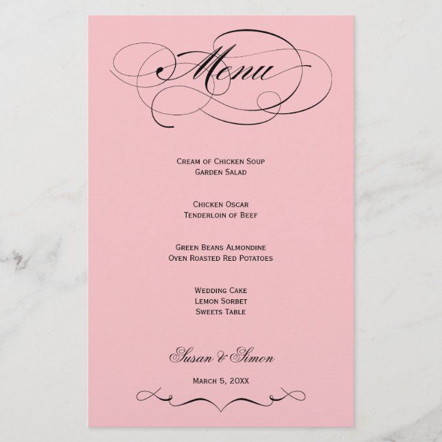 Menú Boda de guiones elegantes - Rubor Pink (Anverso)