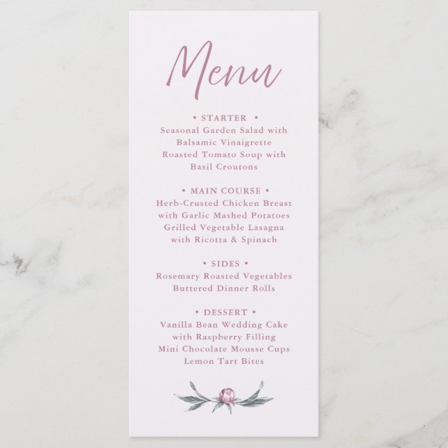 Menú Boda de guiones elegantes y rosados (Anverso)