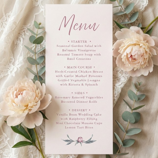 Menú Boda de guiones elegantes y rosados (minimalist dusty pink peony wedding menu card in modern script calligraphy)
