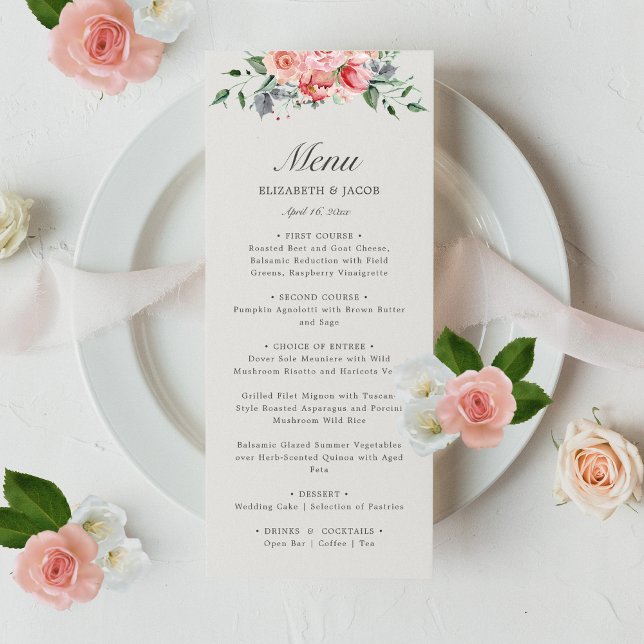 Menú Boda de guiones florales de Elizabeth Pink (This elegant, floral wedding menu features pink roses and is perfect for a classic garden reception)