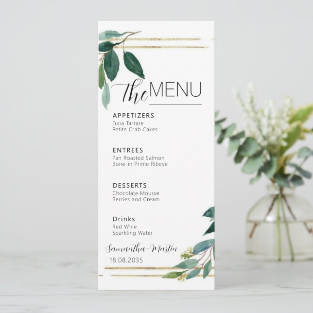 Menú Boda de guiones mínimos de verde (Anverso de pie)