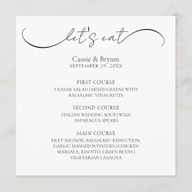 Menú Boda de guiones modernos en blanco y negro (Anverso)