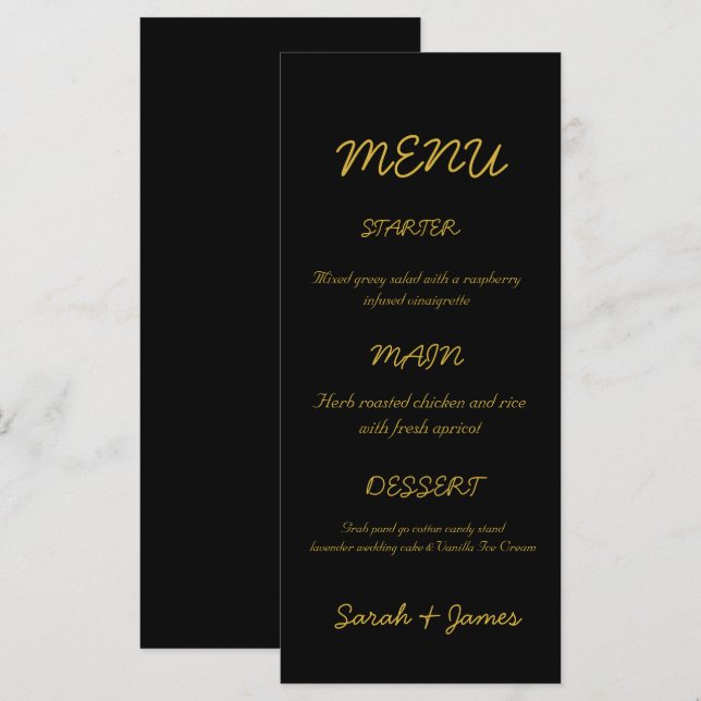 Menú Boda de guiones modernos en negro y oro (Anverso / Reverso)