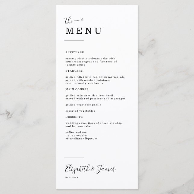 Menú Boda de guiones simple y elegante (Anverso)