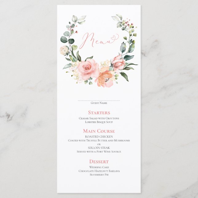 Menú Boda de guirnaldas con flores rosadas (Anverso)
