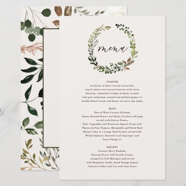 Menú boda de guirnaldas florales rusas y garrapata (Anverso / Reverso)