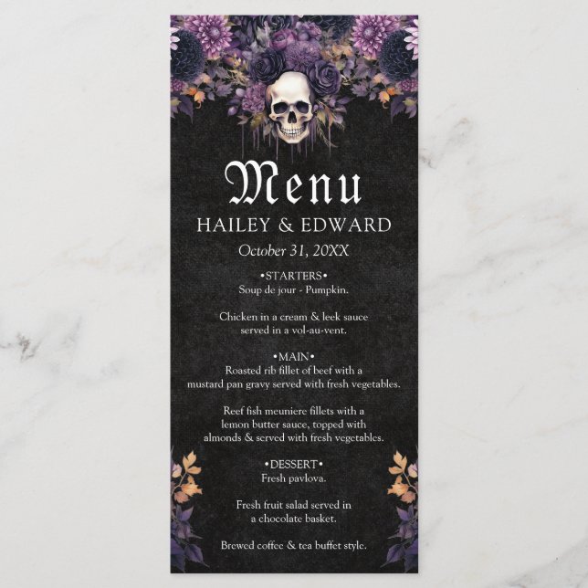 Menú Boda de Halloween con cráneo floral gótico os (Anverso)