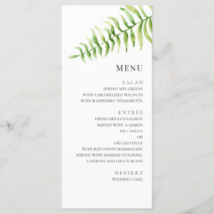 Menú Boda de helecho acuarela. Bosque de vegetación de