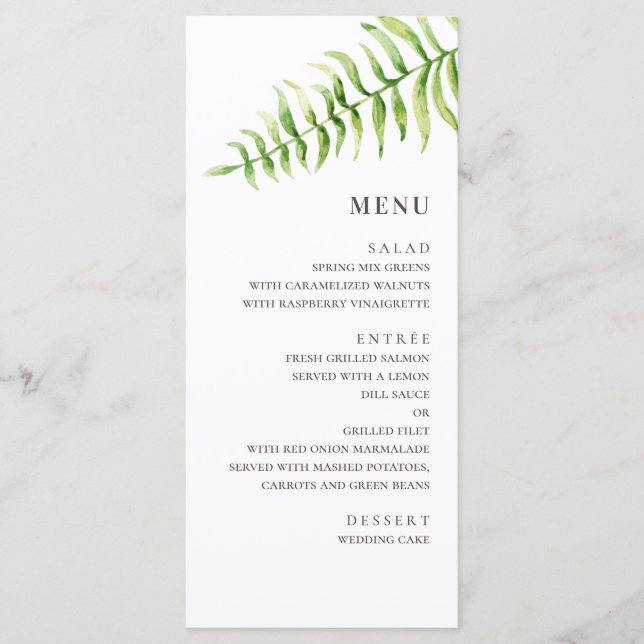 Menú Boda de helecho acuarela. Botánica de vegetación b (Anverso)