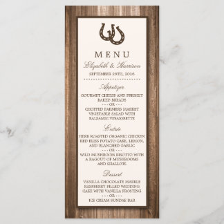 Menú Boda de herradura rústica y madera marrón