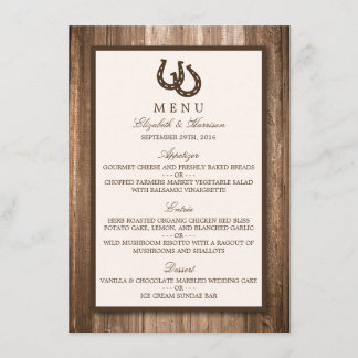 Menú Boda de herradura rústica y madera marrón