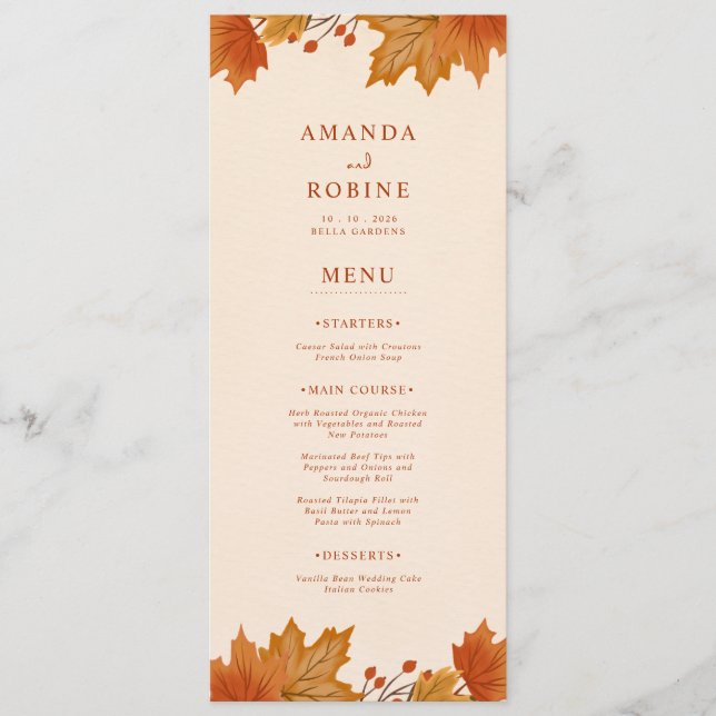 Menú Boda de Hojas de Arce de Otoño Elegante (Anverso)