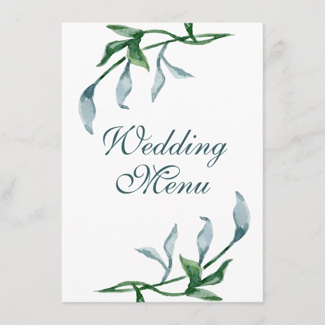 Menú Boda de hojas de flores azul verde azul acuarela (Anverso)