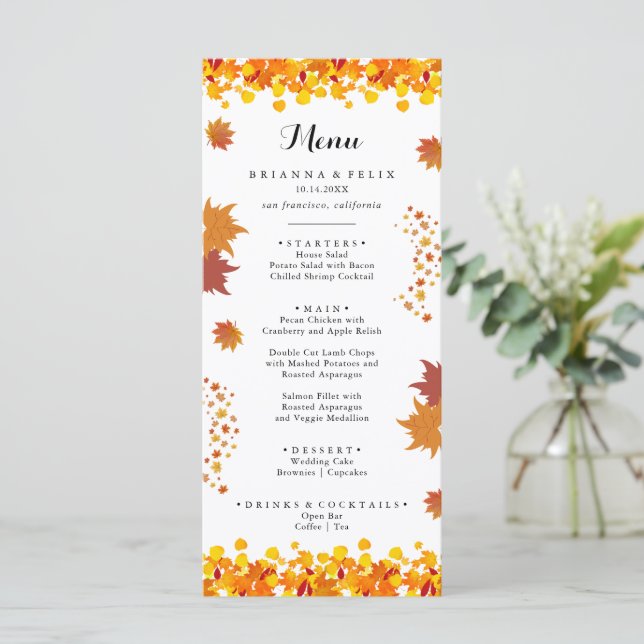 Menú Boda de hojas de otoño rústicas (Anverso de pie)