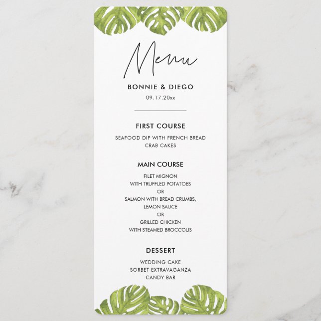 Menú Boda de hojas de palma verde tropical (Anverso)