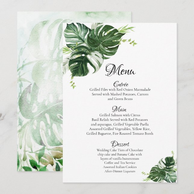 Menú Boda de Hojas Verdes Tropicales de Monstera (Anverso / Reverso)