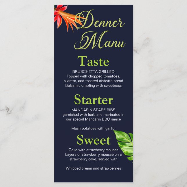 Menú Boda de hojas y flores tropicales (Anverso)