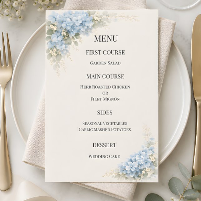 Menú Boda de Hortensia Azul Polvorienta de Lujo (Part of the luxury dusty blue hydrangea wedding theme, menu card)