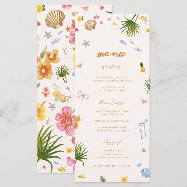 Menú Boda de huertas de flores de la costa tropical (Anverso / Reverso)