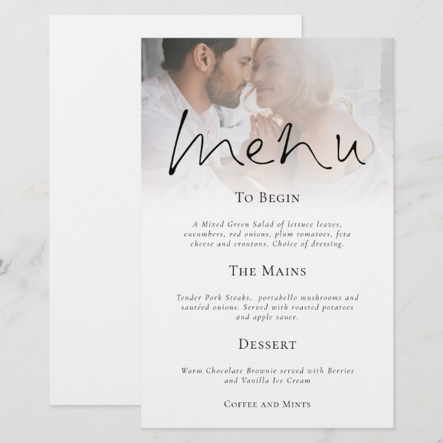 Menú Boda de imágenes con guión moderno de presupu (Anverso / Reverso)
