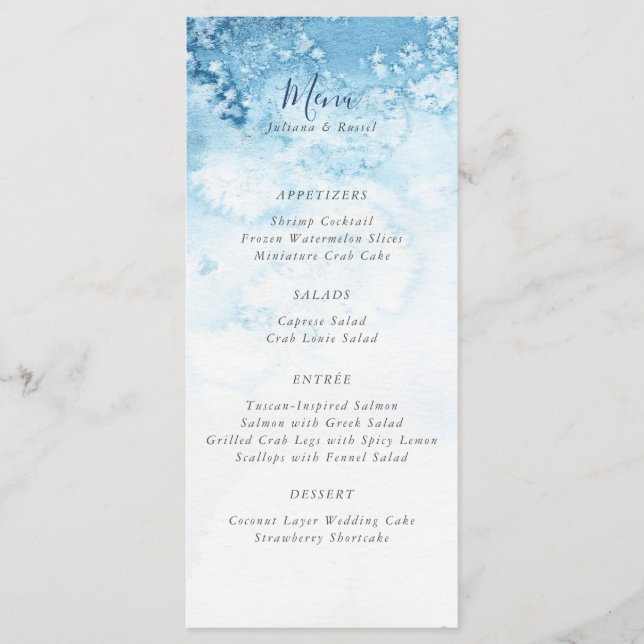 Menú Boda de invierno azul acuarela (Anverso)