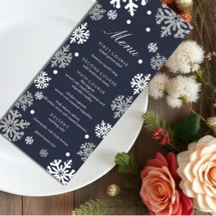 Menú Boda de invierno con copas de nieve azul de la mar