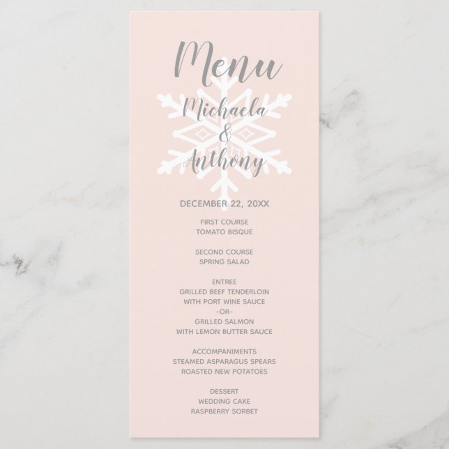Menú Boda de invierno con copo de nieve rosa rubor (Anverso)