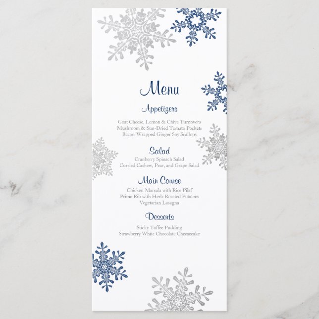 Menú Boda de invierno con copos de nieve de plata  (Anverso)