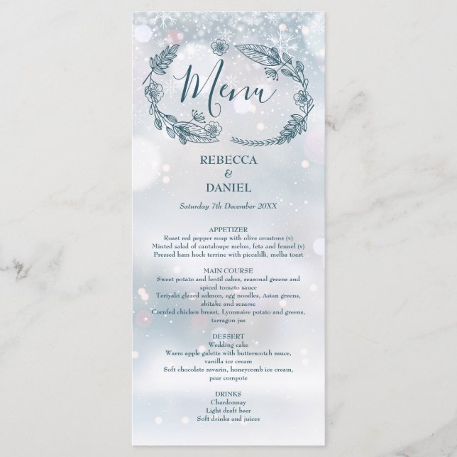Menú Boda de invierno con copos de nieve florales rústi (Anverso)