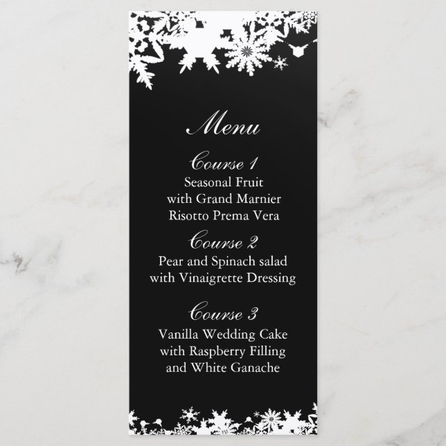 Menú Boda de invierno con copos de nieve negros (Anverso)